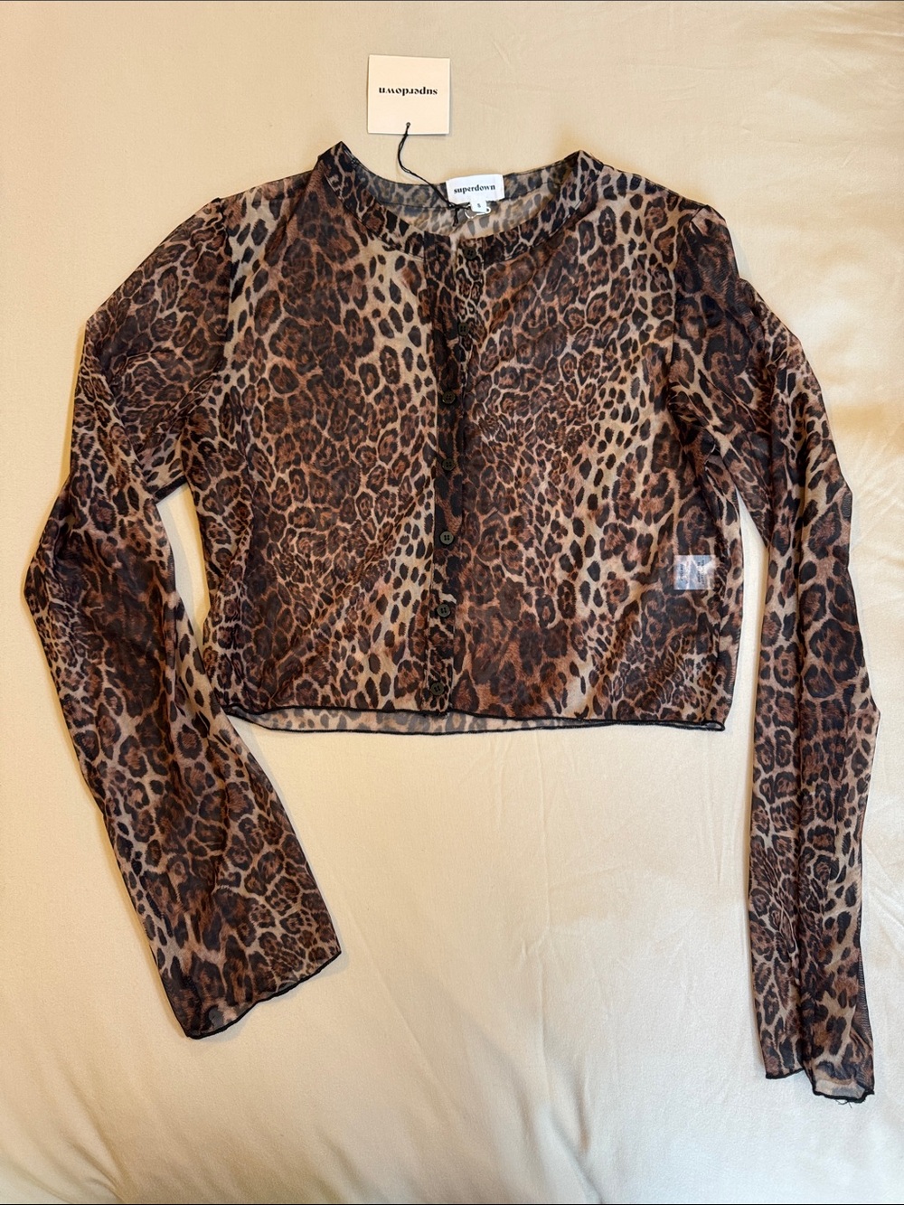 NWT superdown Brown Leopard Print Sheer Button Crop Top